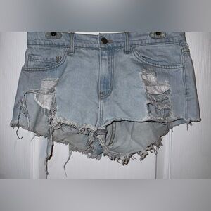 O2 Denim Distressed Mini Jean Shorts Blue Raw Hem Festival Style Size M